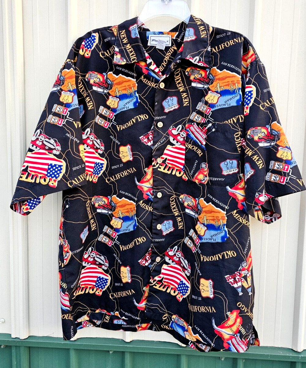 Men's Hawaiian Shirt Size L Black Route 66 Map Print Road Trip by Passion